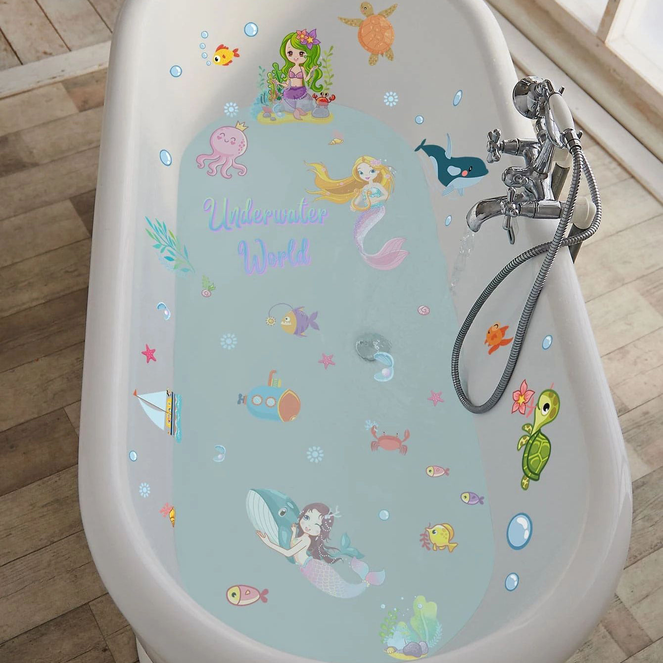 6 sheets Mermaid Sea Underwater World Cartoon Figure & Animal Print Non-Slip Bathtub Stickers - Anti-Slip PVC Bathtub Appliques for Bathroom Accessories and Mini Stuffs