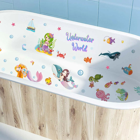 6 sheets Mermaid Sea Underwater World Cartoon Figure & Animal Print Non-Slip Bathtub Stickers - Anti-Slip PVC Bathtub Appliques for Bathroom Accessories and Mini Stuffs