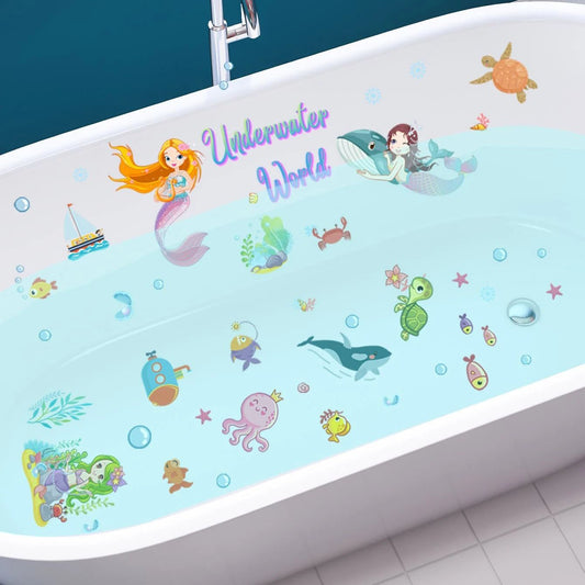 6 sheets Mermaid Sea Underwater World Cartoon Figure & Animal Print Non-Slip Bathtub Stickers - Anti-Slip PVC Bathtub Appliques for Bathroom Accessories and Mini Stuffs